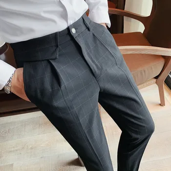 Britų Stiliaus Verslo Oficialią Dėvėti Slim Fit Pledas Vyrų Suknelė Kelnės Atsitiktinis Visų Rungtynių Mados Tiesiai Ponai Office Kelnės 36