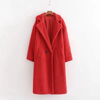 Žiemos Raudonas Rožinis Meškiukas Moterų Dirbtiniais Kailių Paltai Derliaus Storas Šiltas Ilgi Paltai Moterims Striukė Lady Ėriukų Vilna Outwear