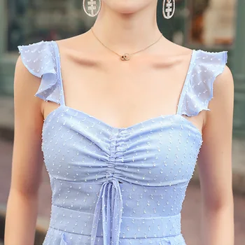 Dangaus Mėlyna Britų Stiliaus Šifono Suknelė 2020 Metų Vasaros Rankovių Spageti Dirželis Krūtinės Raišteliu Raukiniai Elegantiškas Šalis Suknelė Moterims