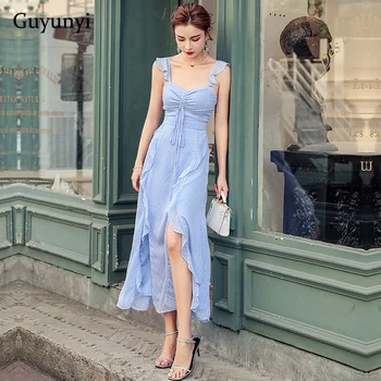 Dangaus Mėlyna Britų Stiliaus Šifono Suknelė 2020 Metų Vasaros Rankovių Spageti Dirželis Krūtinės Raišteliu Raukiniai Elegantiškas Šalis Suknelė Moterims