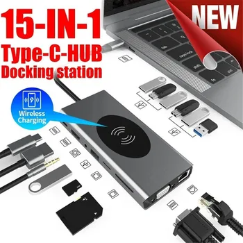 15 in 1, USB, C Hub Multiport Adapteris su 4k HD Belaidžio Kroviklio Tipas-c Docking Station TF, SD Kortelių Skaitytuvą, skirtą 