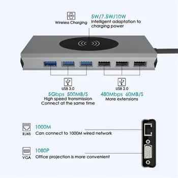 15 in 1, USB, C Hub Multiport Adapteris su 4k HD Belaidžio Kroviklio Tipas-c Docking Station TF, SD Kortelių Skaitytuvą, skirtą 
