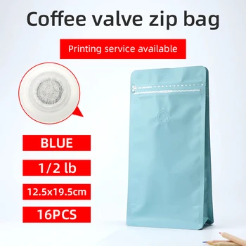 16pcs 1/2 svarų 250g matinės mėlynos kavos pupelių iš vienos pusės atlikti degazavimą vožtuvas pakuotės maišelis aliuminio bloko apačioje kavos mėlynos spalvos maišelis