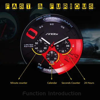 SINOBI Vyrų Sporto Laikrodžiai Vandeniui Black Dial Vyrai Chronograph Kvarcas Riešo Žiūrėti 2017 Naujų Fast Furious Relogio Masculino