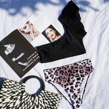 Leopardas spausdinti apačioje maudymosi kostiumėliai, Vieną petį top bikini 2020 m. Aukštos juosmens maudymosi kostiumėlį moteris Trumpą susiėmę maudymosi kostiumas Seksualus biquini