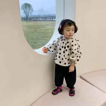 Vaikams iki 2021 m. pavasarį naujas korėjiečių mergaitės Polka Dot Marškinėliai vaikams apvalios kaklo kūdikių mergaičių viršų