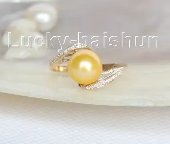 Pardavimo Papuošalai>>AAA 9mm apvalios geltonos aukso pietų jūros perlų Žiedai, gryno aukso