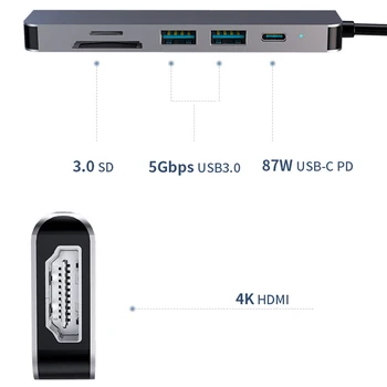 Nešiojamų USB 3.0 Didelio Greičio Prievadų Tipas-C Hub Usb-C 4K 30HZ HD Nešiojamas PD Įkrovimo SD &TF Card Reader for MacBook Pro
