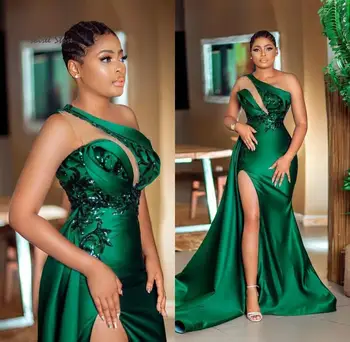 Elegantiškas Hunter Green Prom Dresses Plius Dydis Afrikos Juoda Mergaitė, Vieną Petį Undinė Vakare Chalatai Seksualus Aukšto Pusėje Ritininės Šalis Suknelė
