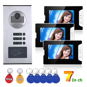 7inch Butas 3/Šeimos Vaizdo Duris Telefono Ryšio Sistemos, RFID IR-CUT HD 1000TVL Kamera Doorbell Kamera su 3 mygtukas
