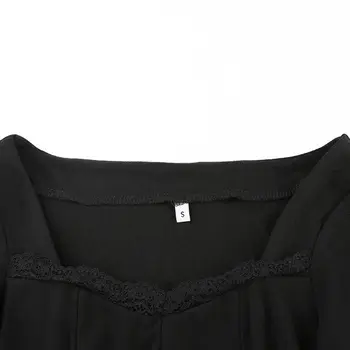 Moterų Rudenį Ilgomis Rankovėmis Seksualus Kvadratinių Kaklo Bodycon Mini Suknelė Nėrinių Kratinys Apdaila Padalinti Hem Aukštos Juosmens Juoda Balta Šalies Clubwear