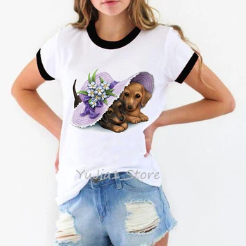 Pora žavinga Dachshunds spausdinti moterų marškinėlius mielas kawaii drabužius vasarą viršų moteriška šunų mylėtojas tee marškinėliai femme marškinėliai