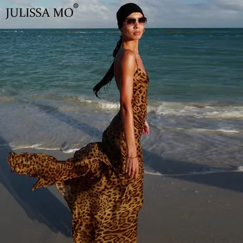 Julissa Mo Leopardas Spausdinti V-Kaklo, Seksualus Bodycon Ilga Suknelė Moterims Nėrinių Backless Vasaros Suknelės Moterų Dirželiai Šalies Paplūdimys, Vestidos