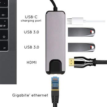 4K HDMI 4K USB Tipo C Hub 5 Uostuose Multi USB C Hub su Gigabit Ethernet Rj45 Lan Adapteris, skirtas 