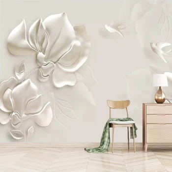 Custom Sienos Freskos Tapetai, 3D Gipso Paramos Magnolia Gėlių, Paukščių Šiuolaikinio Gyvenimo Kambario, TV Foną, Sienos Meno Tapybos Namų Dekoro