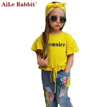 AiLe Rabbit IN Mergaičių Kostiumai Laiškas Trumpas Rankovės Marškinėliai, Džinsai Lankelis 3 Gabalus Blizgančiais Balionai Kelnės Mados Vaikai k1