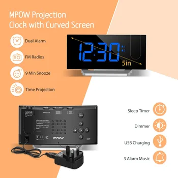 MPOW LED FM Projekcija, 2 Signalizacijos Laikrodis Daugiafunkcinis 5-colių Lenktas Ekranas 5 Lygių Ekrano Ryškumas 4 Reguliuojamos Skamba Žadintuvas