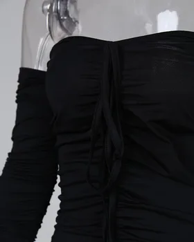Seksualus Off Peties Brangioji Ruched Mini Bodycon Suknelė Moterims Ilgomis Rankovėmis Plisuotos Naktį Šalies Klubas Trumpos Suknelės