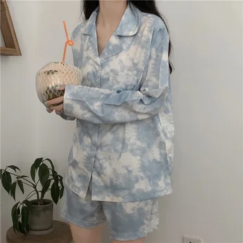 Sleepwear Moterų Kostiumas Rudens/pavasario/vasaros Dangus Mėlynas tie dažai Spausdinti Pižama korėjos Stiliaus 2020 Nauja Pižama Dviejų dalių Komplektas