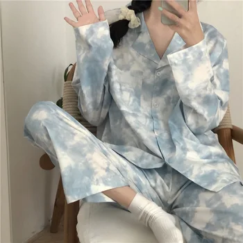 Sleepwear Moterų Kostiumas Rudens/pavasario/vasaros Dangus Mėlynas tie dažai Spausdinti Pižama korėjos Stiliaus 2020 Nauja Pižama Dviejų dalių Komplektas