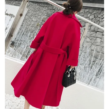 Vilnonis paltas moteriška ilgai skyriuje 2019 naujų rudens korėjos versija prarasti plonas atvartas ilgomis rankovėmis Diržo vilnoniai paltai z36
