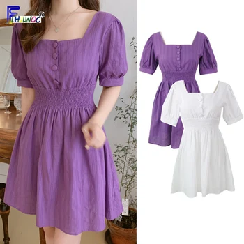 Linijos Suknelės Vasarą Moteris Atostogų Dienos Mielas Saldus Korėjos Japonija Preppy Stiliaus Mergina Dizaino Mygtuką Marškinėliai Suknelė Violetinė Balta