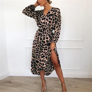 Leopard Suknelė 2021 Moterų Šifono Long Beach Suknelė Prarasti ilgomis Rankovėmis Giliai V-kaklo-line Seksualus Šalis Suknelė Vestidos de fiesta