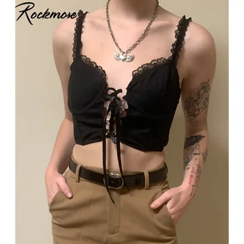 Rockmore Goth Derliaus Cami Tankų Moterų Bodycon Tvarstis Nėriniai Juoda Camisole Gotikos Streetwear Seksuali Moteris Pasėlių Viršuje Atsitiktinis Tee
