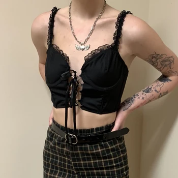 Rockmore Goth Derliaus Cami Tankų Moterų Bodycon Tvarstis Nėriniai Juoda Camisole Gotikos Streetwear Seksuali Moteris Pasėlių Viršuje Atsitiktinis Tee