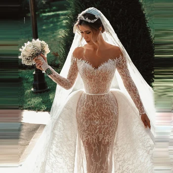 Vaiskiai Balta Vestuvių Suknelės Dubajuje Overskirt Undinė Ilgomis Rankovėmis Vien Puošnios Nuotakos Vestuvių Suknelė Užsakymą 2021