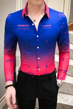 Gradiento Spalvos Gėlių Marškinėliai Vyrams Pavasarį 2020 Naujas ilgomis Rankovėmis vyriški Socialinės Marškinėliai Slim Fit Streetwear Skaitmeninio Spausdinimo Palaidinė Homme