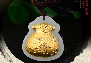 Gražus Natūralus Baltas Hetian Jade + 18K Kietosios Aukso Inkrustacijos Kinijos Fu Pinigų Maišas Pasisekė Pakabukas + Nemokamas Karoliai Fine Jewelry