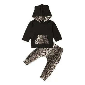 Rudenį, Žiemą Bamblys Kūdikių Berniukų Vaikai Gobtuvu Megztinis Leopard Kelnės, Antblauzdžiai Drabužius Viršūnes 2VNT Komplektas