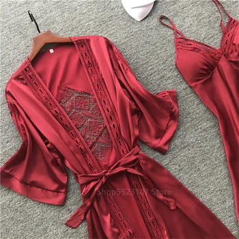 2020 Moterų Apdaras Suknelė 2vnt Rinkiniai Satino Pižama Siuvinėjimo Tuščiaviduriai Iš Ponios Sexy Raudona Namų Drabužiai Naktį Suknelė su Krūtinės Pagalvėlės