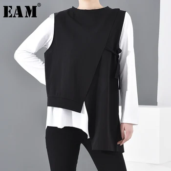 [EAM] Moterys, Juoda Kontrasto Spalvų Nesimetriškas Didelis Dydis, T-shirt Naujas Apvalios Kaklo, ilgomis Rankovėmis Mados Pavasario Rudens 2021 1D19201