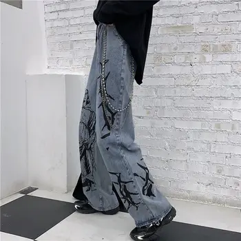 QWEEK Harajuku Moterų Džinsus, Kelnes Streetwear Spausdinti Hipių Džinsinio audinio Kelnės Moterims korėjos Stiliaus Plati Koja Kelnės Derliaus Laisvas Kelnes