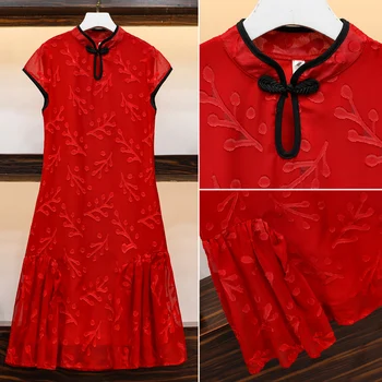 2020 Nauja Raudona Žakardo Elegantiška Vintage Kinijos Tradicinės Atsitiktinis Šalies Moterų Midi Suknelė Vasaros Cheongsam Suknelės M-4XL Plius Dydis