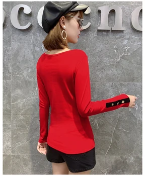 Mados Europos Marškinėlius Moterims 2019 Nauja Rudens Žiemos Kratinys Mygtuką Vatos Pagaliukai Drabužius Camiseta Mujer Dugno Tee T90808
