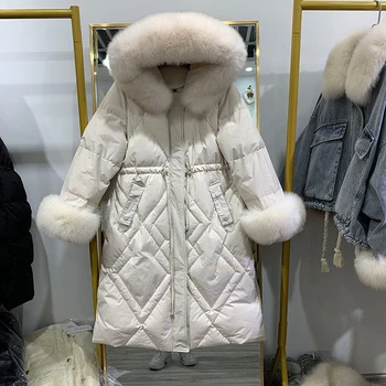Aukštos kokybės Žiemos Moterys Kailis pūkinė Striukė 2020 Mados Nekilnojamojo lapės kailio apykaklė 90% Baltųjų Ančių pūkais Gobtuvu Ilgas Šiltas Outwear YRF164