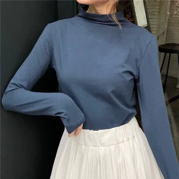 2020 naujas vientisos spalvos ilgomis rankovėmis slim high-kaklo grynos medvilnės marškinėlius dugno marškinėliai moterims pilka