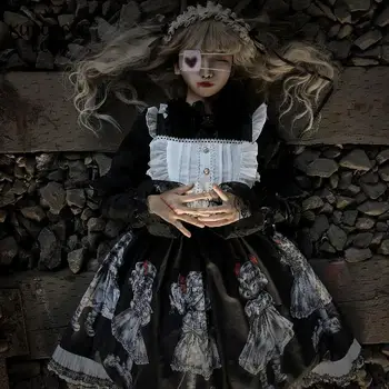 Gotikos Viktorijos Lolita Dress Lėlių Spausdinti Jsk Pynimas Suknelė Kawaii Retro Tamsiai Juoda Japonijos Cosplay Kostiumas Šalis Moterų Drabužiai