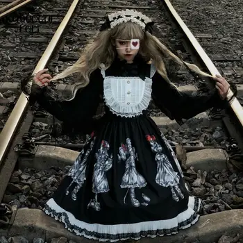Gotikos Viktorijos Lolita Dress Lėlių Spausdinti Jsk Pynimas Suknelė Kawaii Retro Tamsiai Juoda Japonijos Cosplay Kostiumas Šalis Moterų Drabužiai