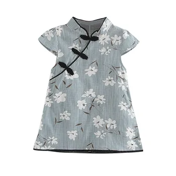 Mada Vasarą Kūdikis mergaitiškus Cheongsam Mėlyna Tradicinę Kinų Stiliaus Gėlių Raštas Kinų Suknelė