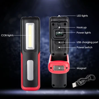 LED Žibintuvėlis USB Įkraunamas Žibintuvėlis COB Darbo Lemputė su Magnetas, Kablys Kempingas Palapinė Lempos Automobilių Remontas Žibintų Lauko Apšvietimas