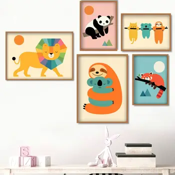 Animacinis Liūtas Panda, Koala Lapė, Pelėda Folivora Sienos Meno Tapybos Drobės Šiaurės Plakatai Ir Spausdina Sienos Nuotraukos, Vaikų Kambario Dekoro