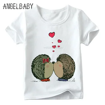 Vaikai Ežys Apkabinti/Kiss Animacinių filmų Dizaino marškinėliai Berniukų/Mergaičių Vasaros trumpomis Rankovėmis Viršūnes Vaikai Soft White T-shirt,ooo2121