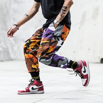 Atsitiktinis Vyrų Poilsiu Japonų Stiliaus Kelnės Karinės Didelis Kišenėje Krovinių Kelnės Hombre Raudona Juoda Spliced Kamufliažas Mados Hip-Hop Kelnės