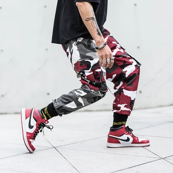 Atsitiktinis Vyrų Poilsiu Japonų Stiliaus Kelnės Karinės Didelis Kišenėje Krovinių Kelnės Hombre Raudona Juoda Spliced Kamufliažas Mados Hip-Hop Kelnės