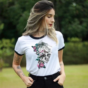 2020 metų Vasaros Moterų Marškinėlius Kaukolė Gėlių Pankų Drabužių trumpomis Rankovėmis Ponios Moterų Estetika Drabužius T-shirt Grafikos Spausdinti Viršūnės
