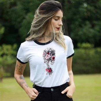 2020 metų Vasaros Moterų Marškinėlius Kaukolė Gėlių Pankų Drabužių trumpomis Rankovėmis Ponios Moterų Estetika Drabužius T-shirt Grafikos Spausdinti Viršūnės